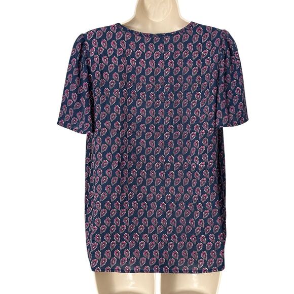 NWT J. Crew Printed V-Neck Navy and Pink Short Sleeve Blouse Size S - Picture 2 of 6